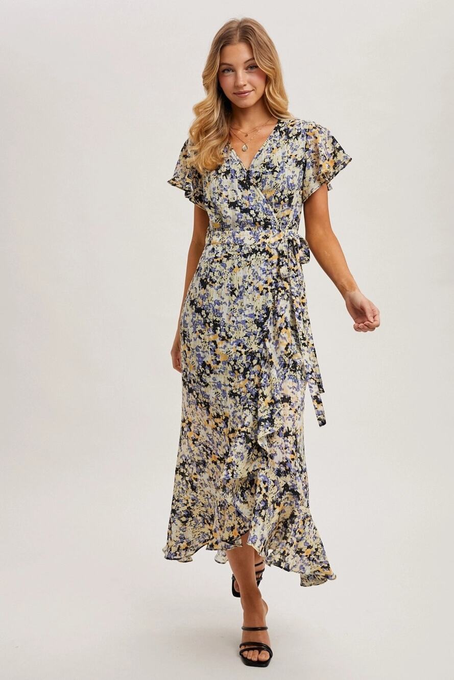 NEW Floral Print Wrap Ruffled Midi Dress LARGE